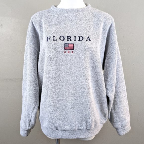 Vintage Tops - VTG Gray Florida USA Flag Teddy Fluffy Crewneck